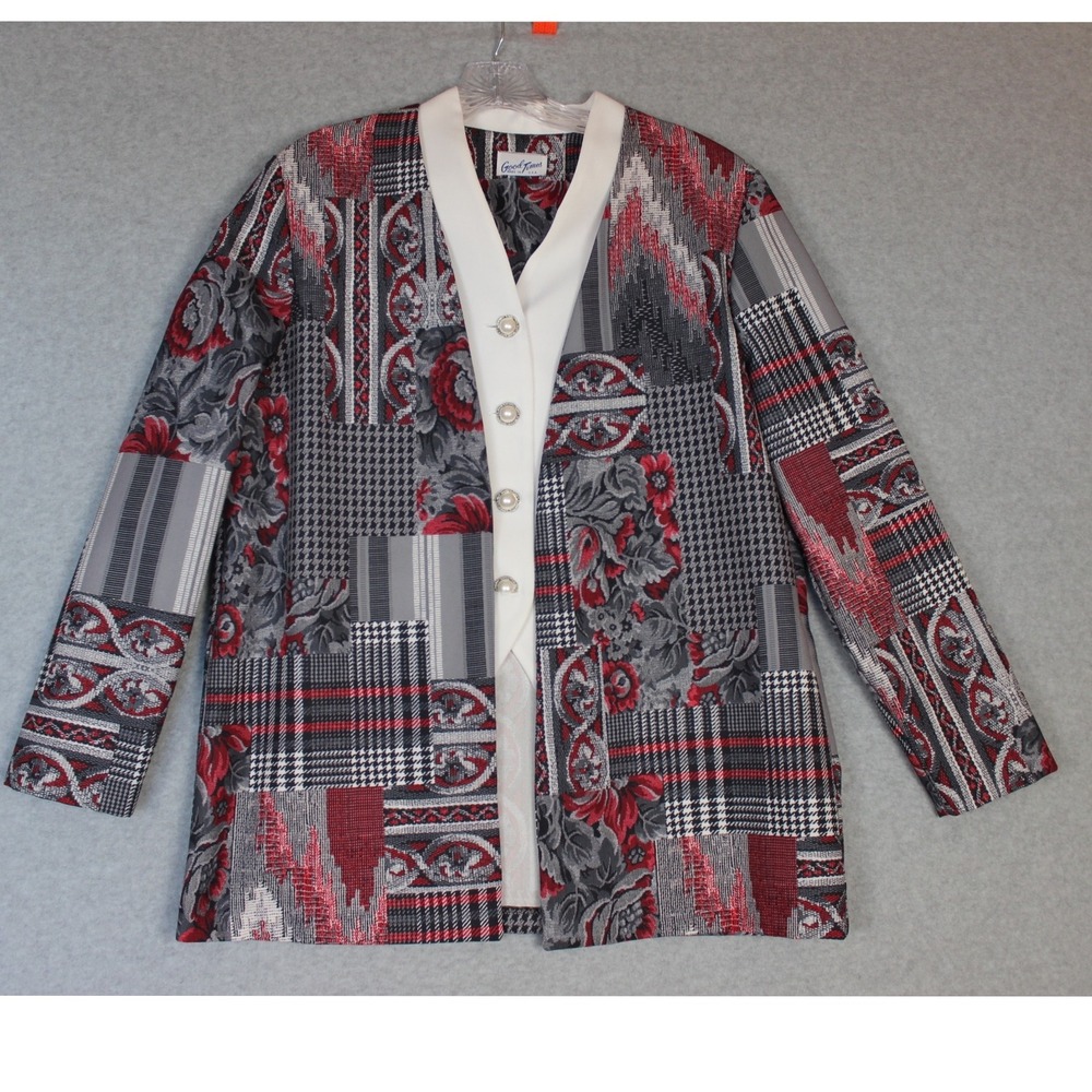 Vintage Good Times Patchwork Blazer Jacket Floral Houndstooth Print Button Front